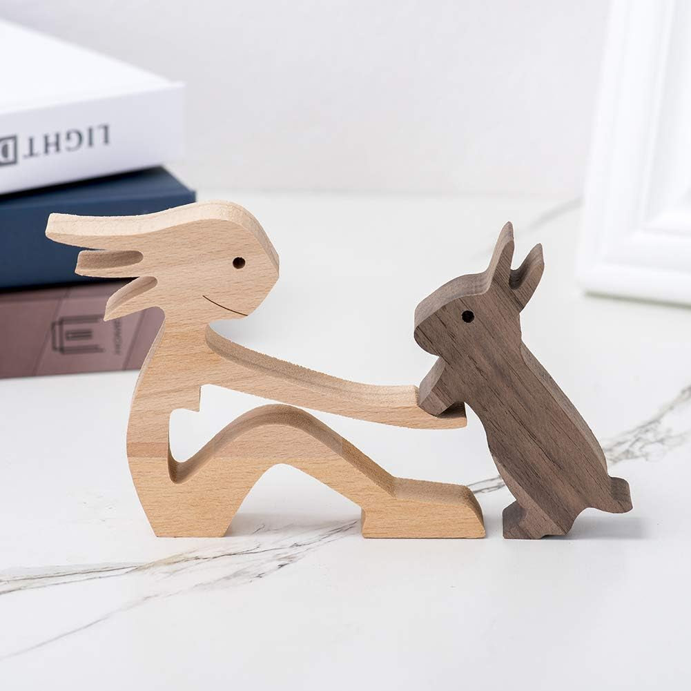 Wood Decor Sculptures, Figurine for Home Decor Handmade Accents, Carved Creative Bunny Sculptures Collection, Gift for Child Girl Natural ECO Friendly (Girl+Bunny)