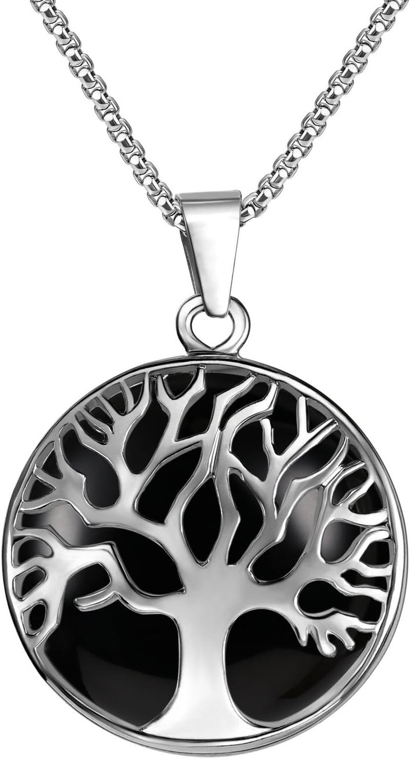 Family Tree Necklace Tree of Life Gemstone Crystal Pendant Necklace 24 Inches Stainless Steel Chain