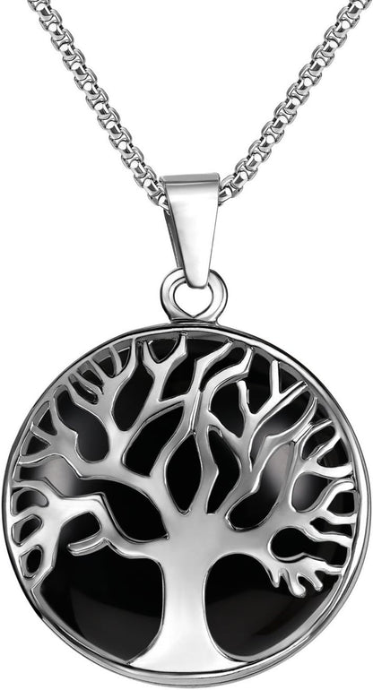 Family Tree Necklace Tree of Life Gemstone Crystal Pendant Necklace 24 Inches Stainless Steel Chain