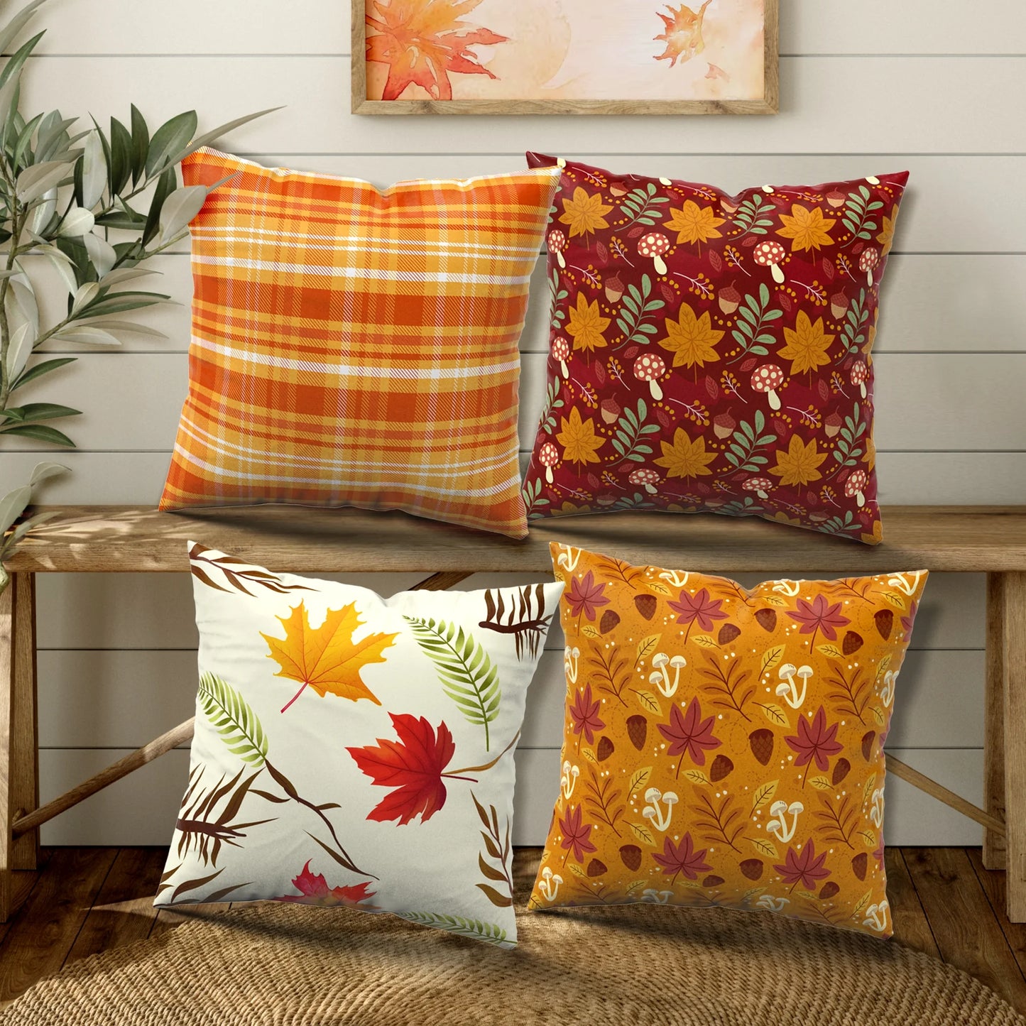 Fall Pillow Covers 18X18 Inch Set of 4 Maple Leaf Autumn Decorations Pillow Covers Holiday Rustic Linen Pillow Case for Sofa Couch Farmhouse Thanksgiving Fall Decorations Throw Pillow Covers