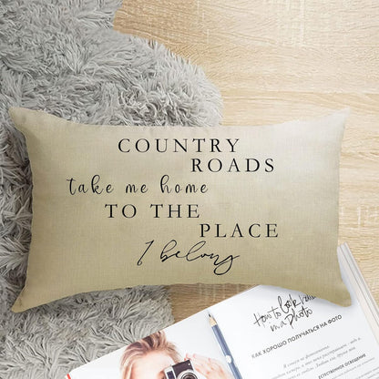 Lumbar Country Roads Take Me Home Christmas Rectangle Decorative Throw Pillow Cover, Rustic Quote Home Farmhouse Decoration, Housewarming Gift Cushion Case for Sofa Decor Cotton Linen 12 X 20