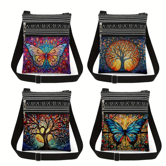 Vibrant Cartoon Crossbody Bag - Adjustable Strap, Dual Zipper, Foldable Design, Polyester Material, Unlined, Artistic Glass Butterfly & Tree of Life Patterns - Stylish, Fun, and Practical Accessory for Women