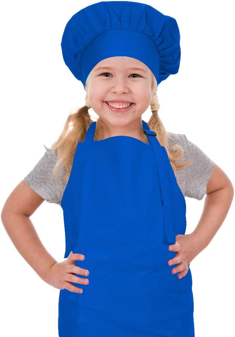 Kids Apron and Chef Hat Set, Adjustable Cotton Child Aprons with Large Pocket White Girls Boys Kitchen Bib Aprons for Cooking Baking Painting