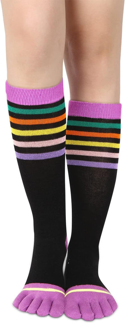 Womens Knee High Toe Socks Mens Colorful Rainbow Striped Long Toe Socks Unisex Five Finger Socks Christmas Gifts