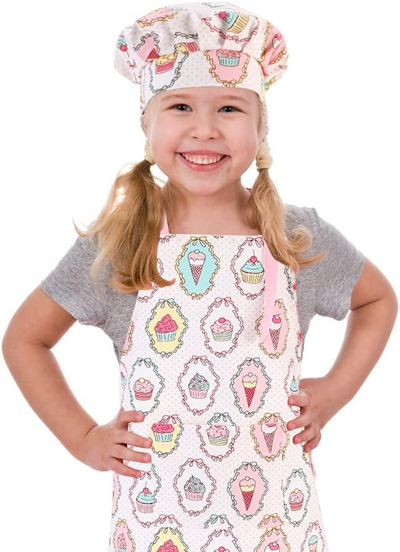 Kids Apron and Chef Hat Set, Adjustable Cotton Child Aprons with Large Pocket White Girls Boys Kitchen Bib Aprons for Cooking Baking Painting