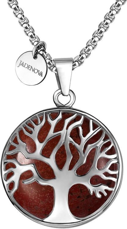 Family Tree Necklace Tree of Life Gemstone Crystal Pendant Necklace 24 Inches Stainless Steel Chain