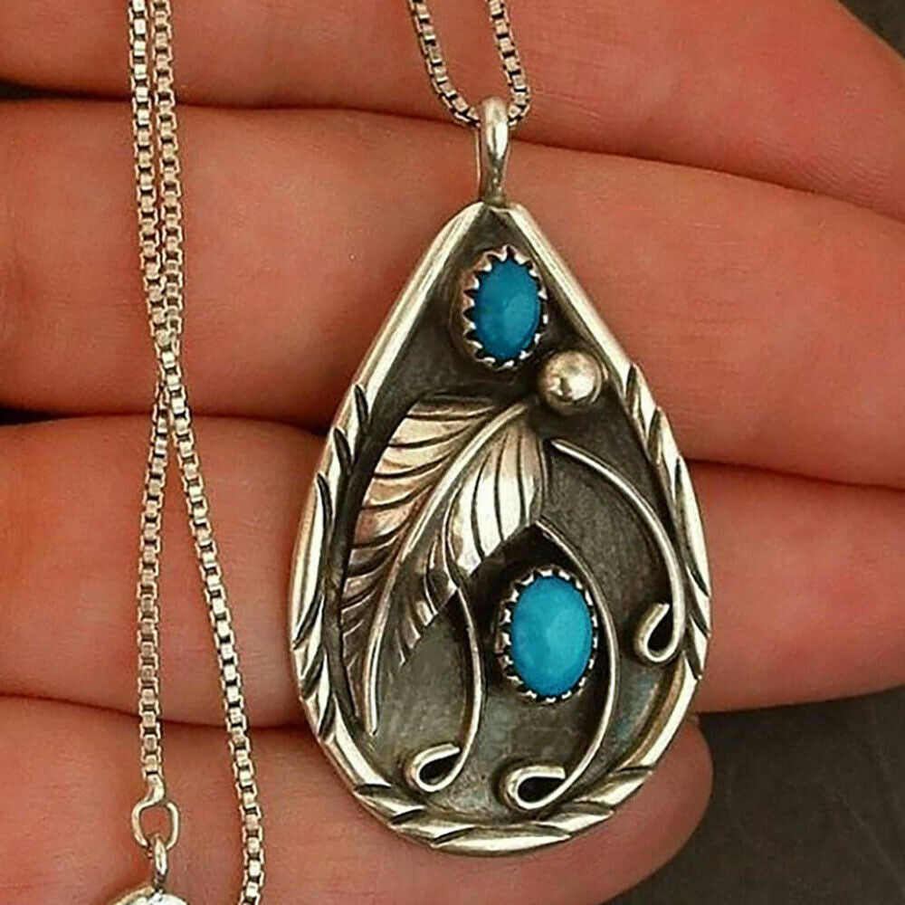 Tibetan Silver Plated Blue Turquoise Chain Crystal Pendant Necklace Lab-Created