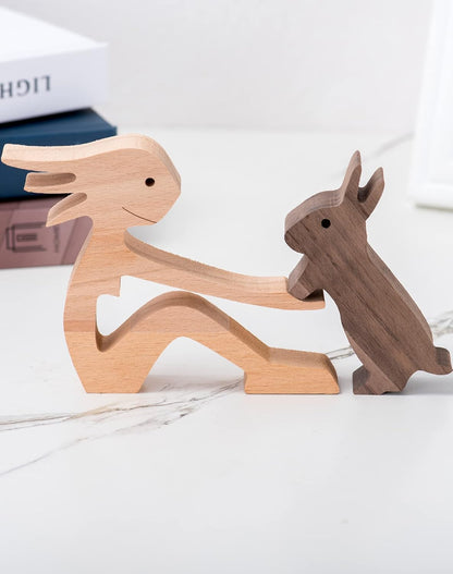 Wood Decor Sculptures, Figurine for Home Decor Handmade Accents, Carved Creative Bunny Sculptures Collection, Gift for Child Girl Natural ECO Friendly (Girl+Bunny)