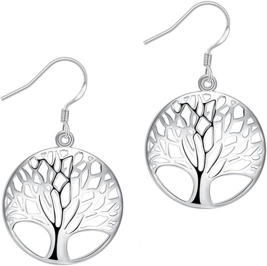 Sterling Silver Plated Tree of Life Earrings and Necklace Set for Women and Girls