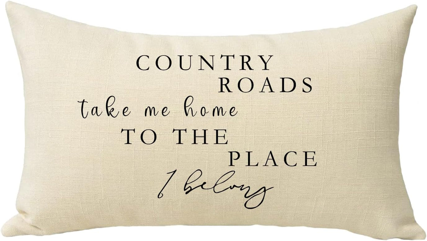 Lumbar Country Roads Take Me Home Christmas Rectangle Decorative Throw Pillow Cover, Rustic Quote Home Farmhouse Decoration, Housewarming Gift Cushion Case for Sofa Decor Cotton Linen 12 X 20