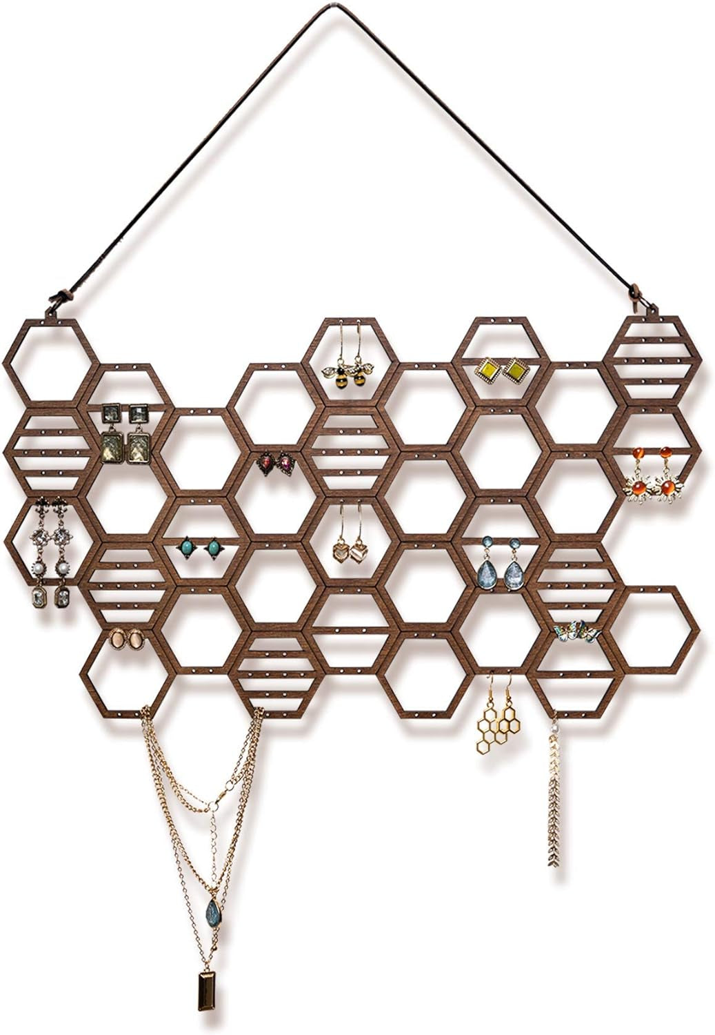 Wood Honeycomb Hanging Earring Holder Beehive Earring Organizer Wall Mounted Earring Display Hanging Jewelry Organizer for Earrings, Necklaces (White)