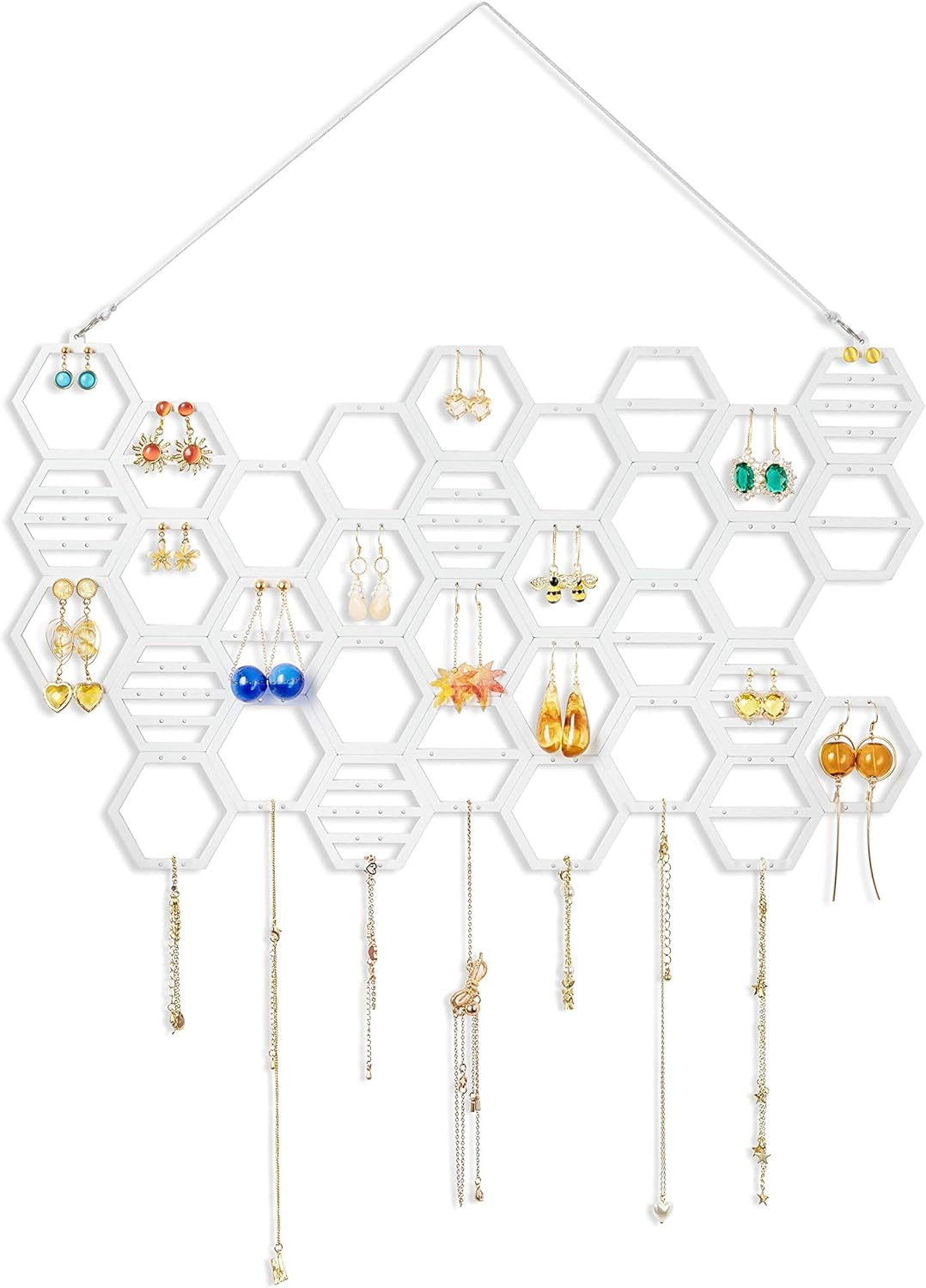 Wood Honeycomb Hanging Earring Holder Beehive Earring Organizer Wall Mounted Earring Display Hanging Jewelry Organizer for Earrings, Necklaces (White)