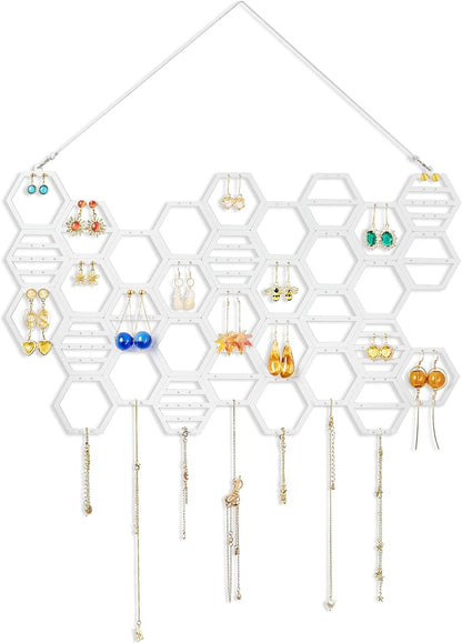 Wood Honeycomb Hanging Earring Holder Beehive Earring Organizer Wall Mounted Earring Display Hanging Jewelry Organizer for Earrings, Necklaces (White)