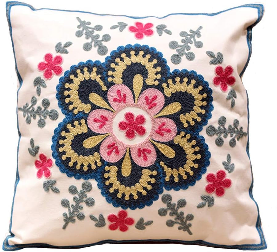 Embroidered Decorative Throw Pillows Cover 18X18 Boho Farmhouse Square Pillow Case for Couch Sofa Bed, Plant Floral Patterns Home Decor Pillows Cover, Embroidery Pattern Fall Pillow Cover