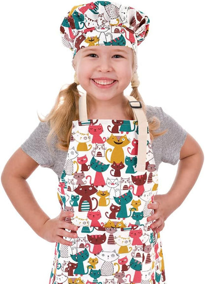 Kids Apron and Chef Hat Set, Adjustable Cotton Child Aprons with Large Pocket White Girls Boys Kitchen Bib Aprons for Cooking Baking Painting