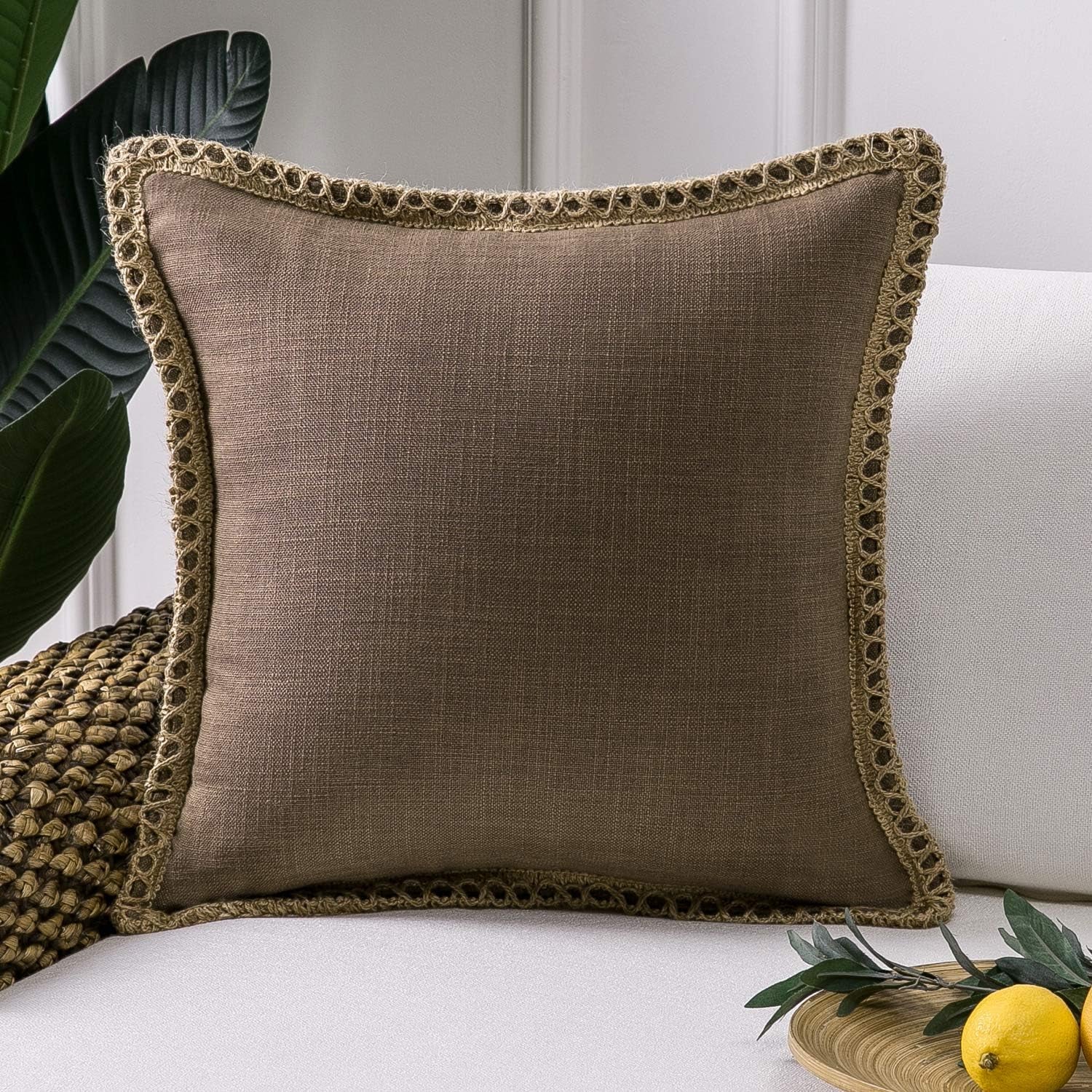 Farmhouse Solid Throw Decorative Pillow Cover Burlap Linen Trimmed Tailored Edges Outdoor Pillow off White 22 X 22 Inches, 55 X 55 Cm, Pack of 1