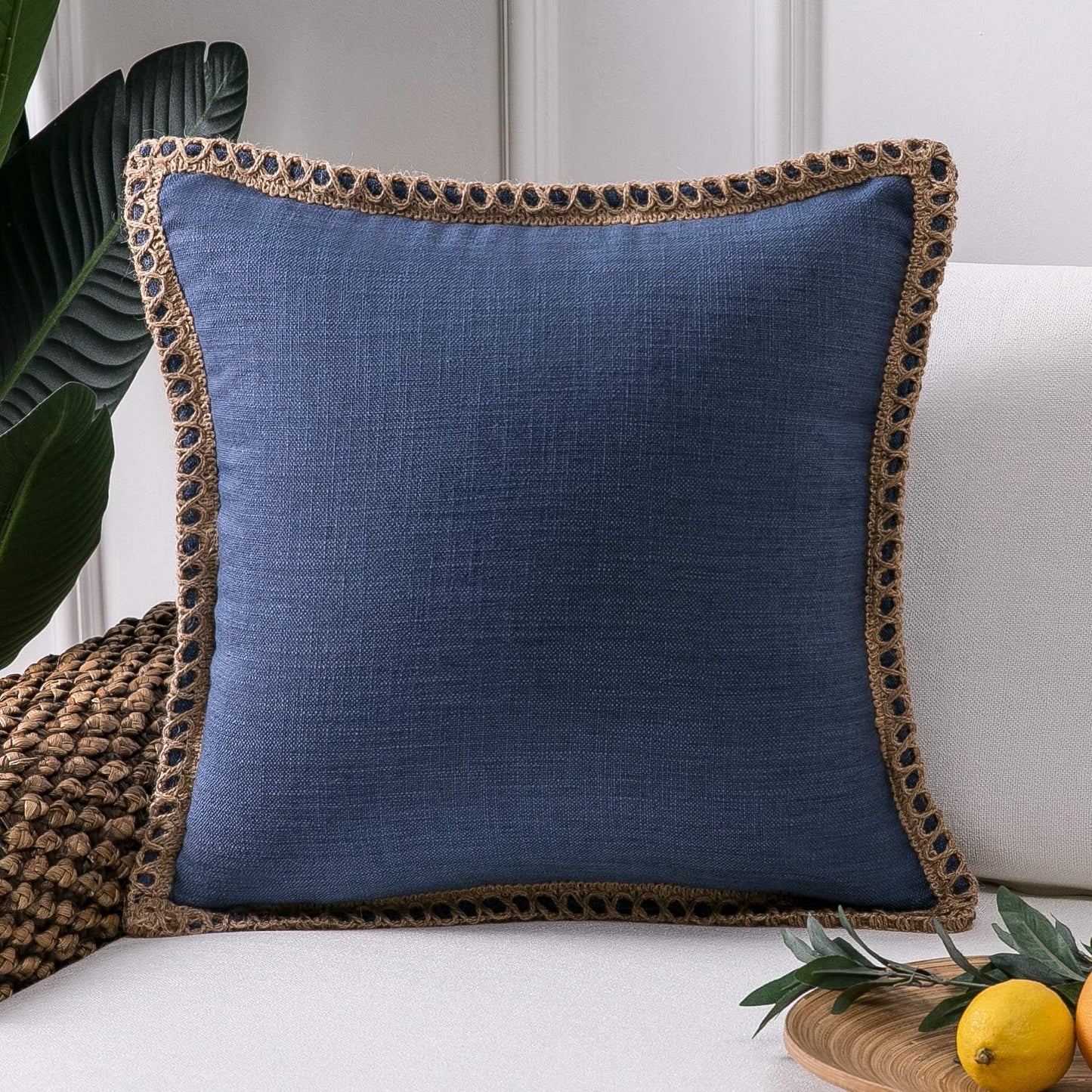 Farmhouse Solid Throw Decorative Pillow Cover Burlap Linen Trimmed Tailored Edges Outdoor Pillow off White 22 X 22 Inches, 55 X 55 Cm, Pack of 1