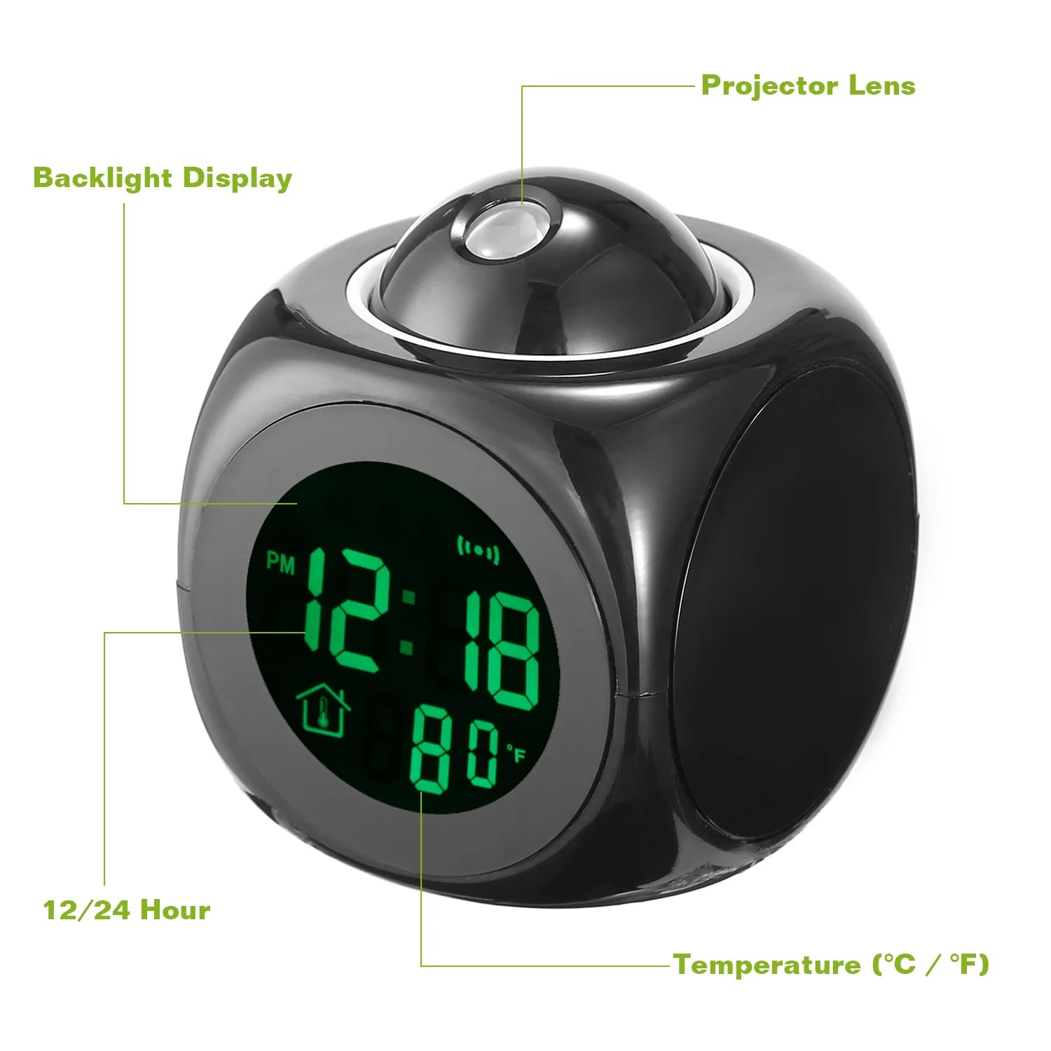 Projection Alarm Clock (Digital Lcd Voice Talking Function, Led Wall/Ceiling Projection, Alarm/Snooze/Temperature Display, 12Hr/24Hr, Bedside Alarm Clock) - Black